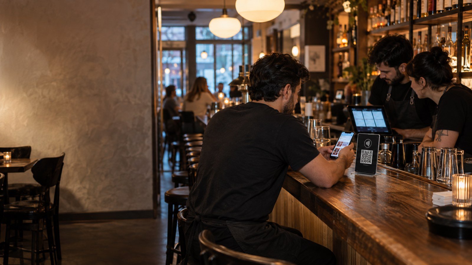 A setup visit at a bar: a test order is tapped on a table display while two bartenders watch it arrive on a tablet