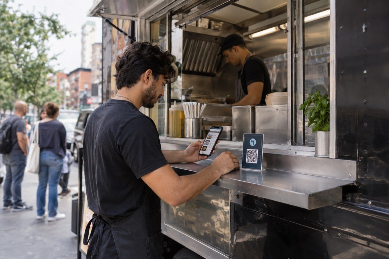 A printed display being set up on the ledge beside a food truck window