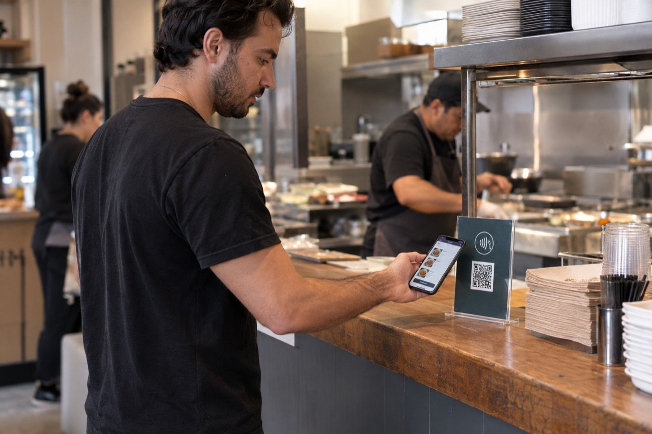 A printed display being set up at a quick-service counter by the pickup shelf