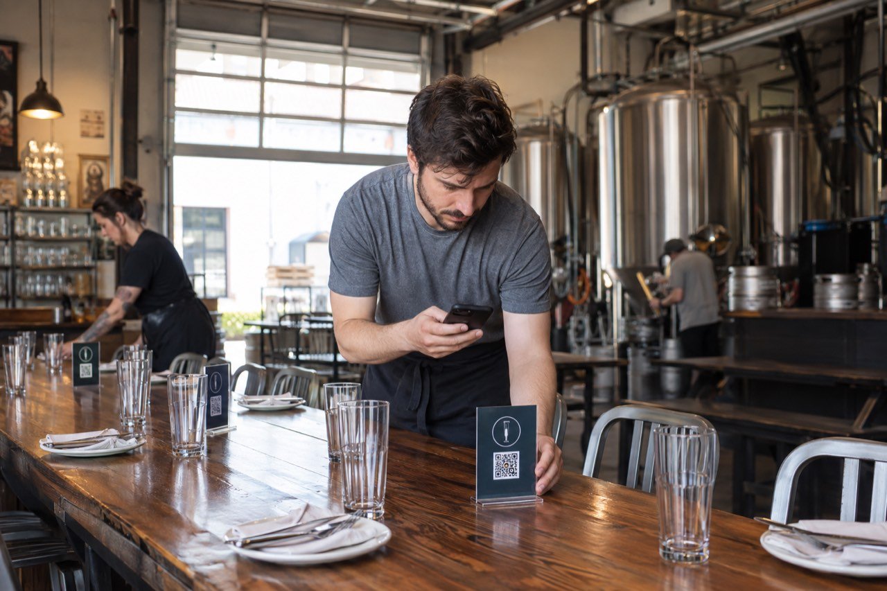 Printed table displays being set up on long taproom tables