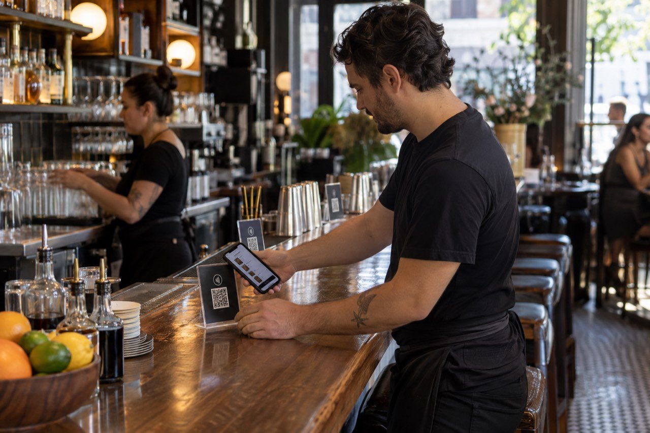 Printed NFC and QR displays being set up along a bar rail before service