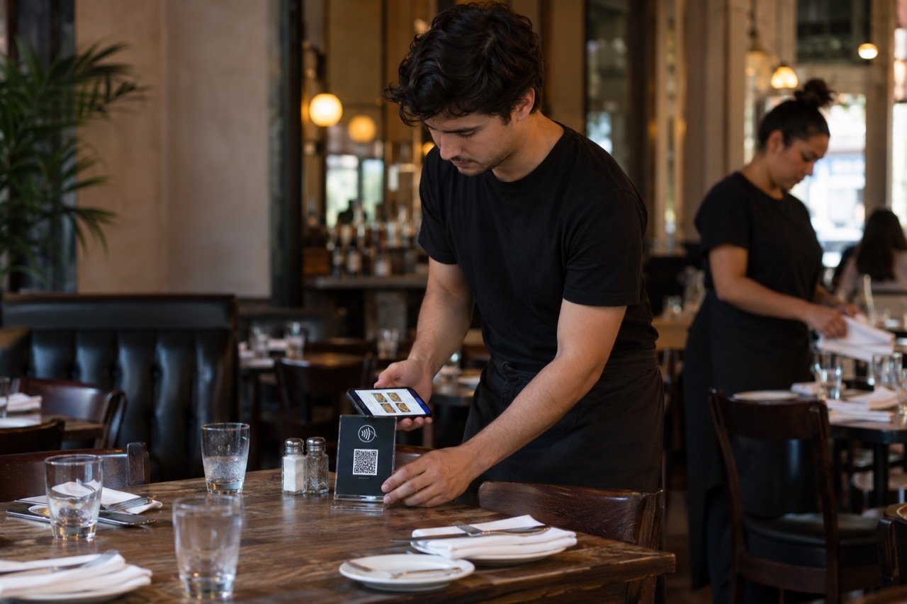 A printed table display being set up and tested on a restaurant table