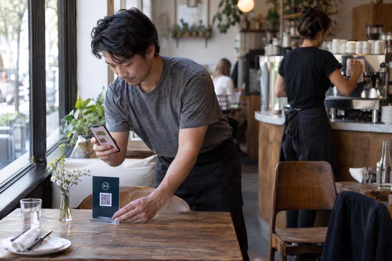Printed table displays being set up at the window seats of a café
