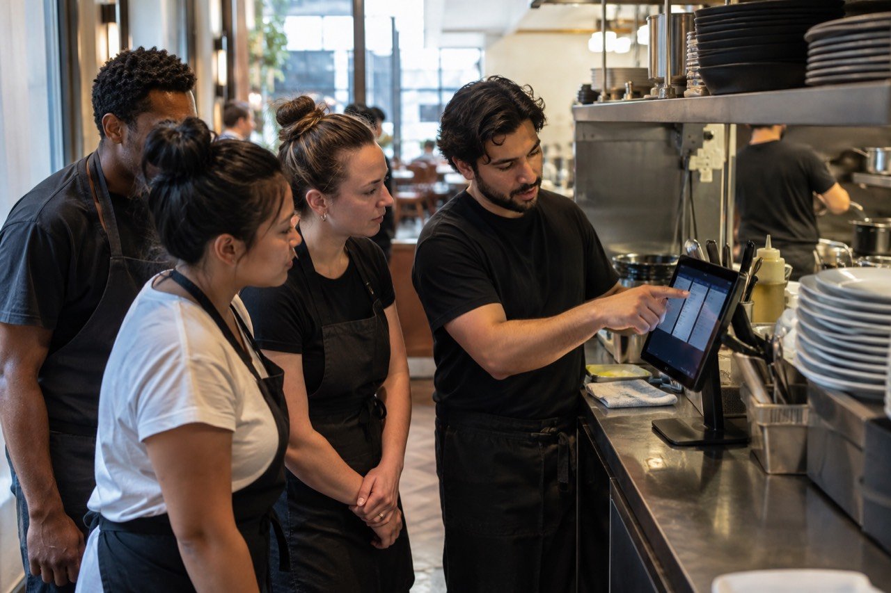 Restaurant staff being trained on the kitchen display on a tablet at the pass