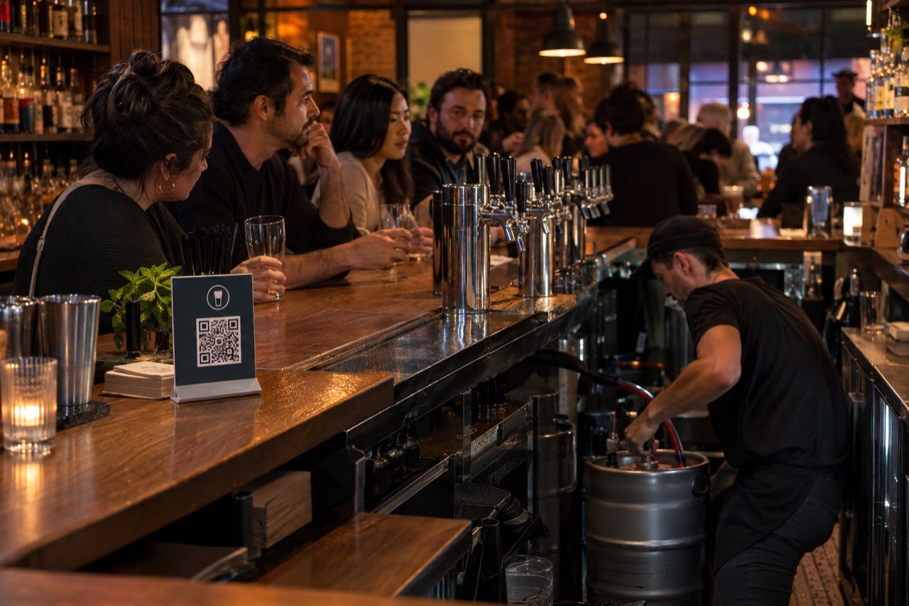 Guests three deep at a taproom bar on a Saturday while a bartender swaps a keg