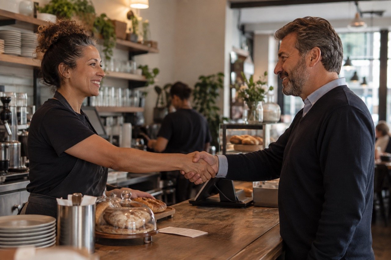 Two venue owners shake hands across a café counter