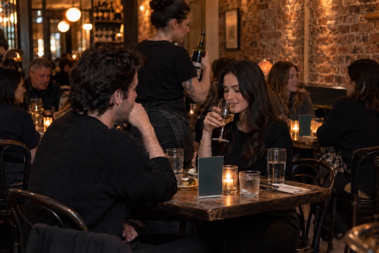A small candlelit wine bar in a narrow Manhattan room, with a printed display on each table