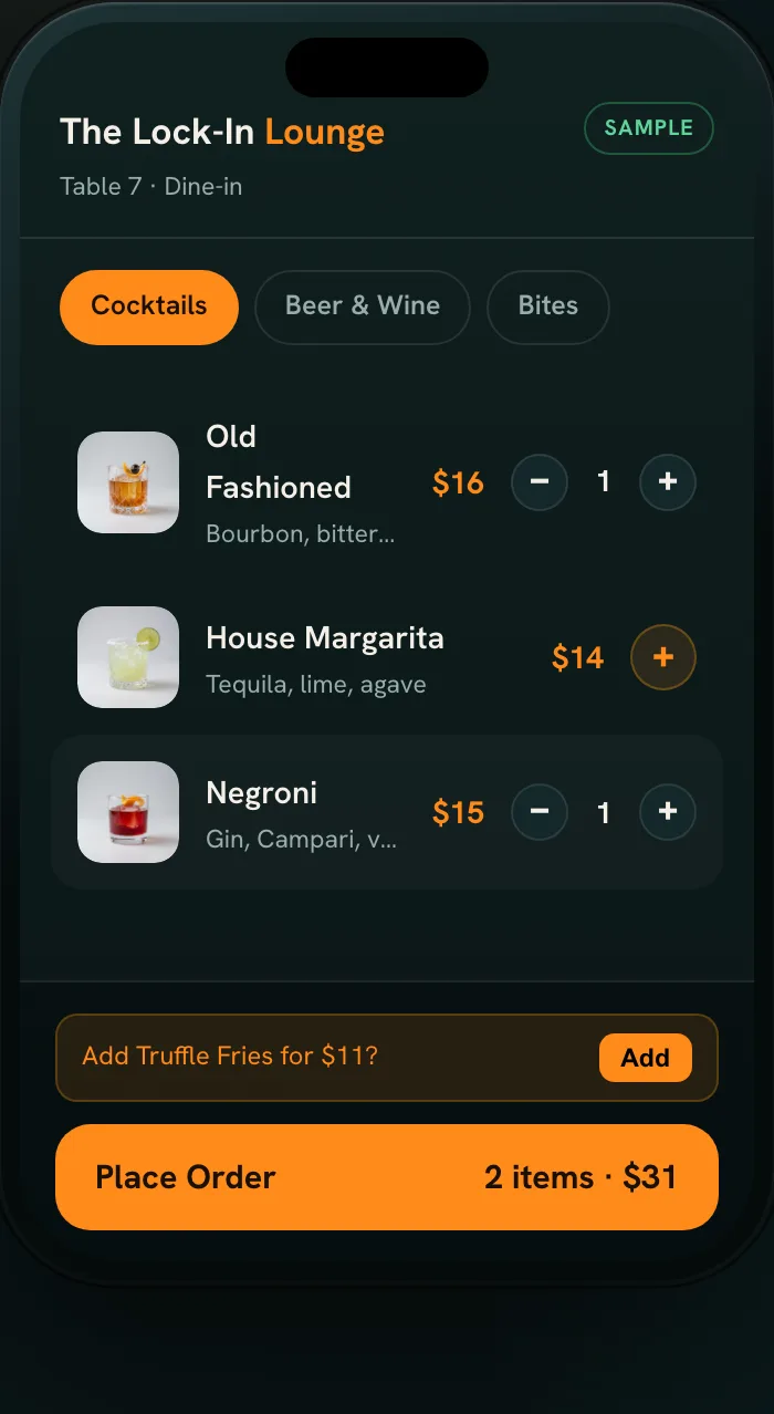 Sample bar menu in the Tap2Order demo, open in a phone browser with two items in the order
