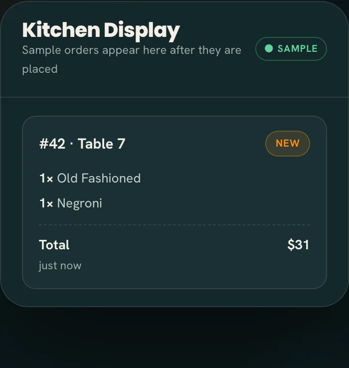 Sample order from a bar table arriving on the Tap2Order kitchen display in the demo