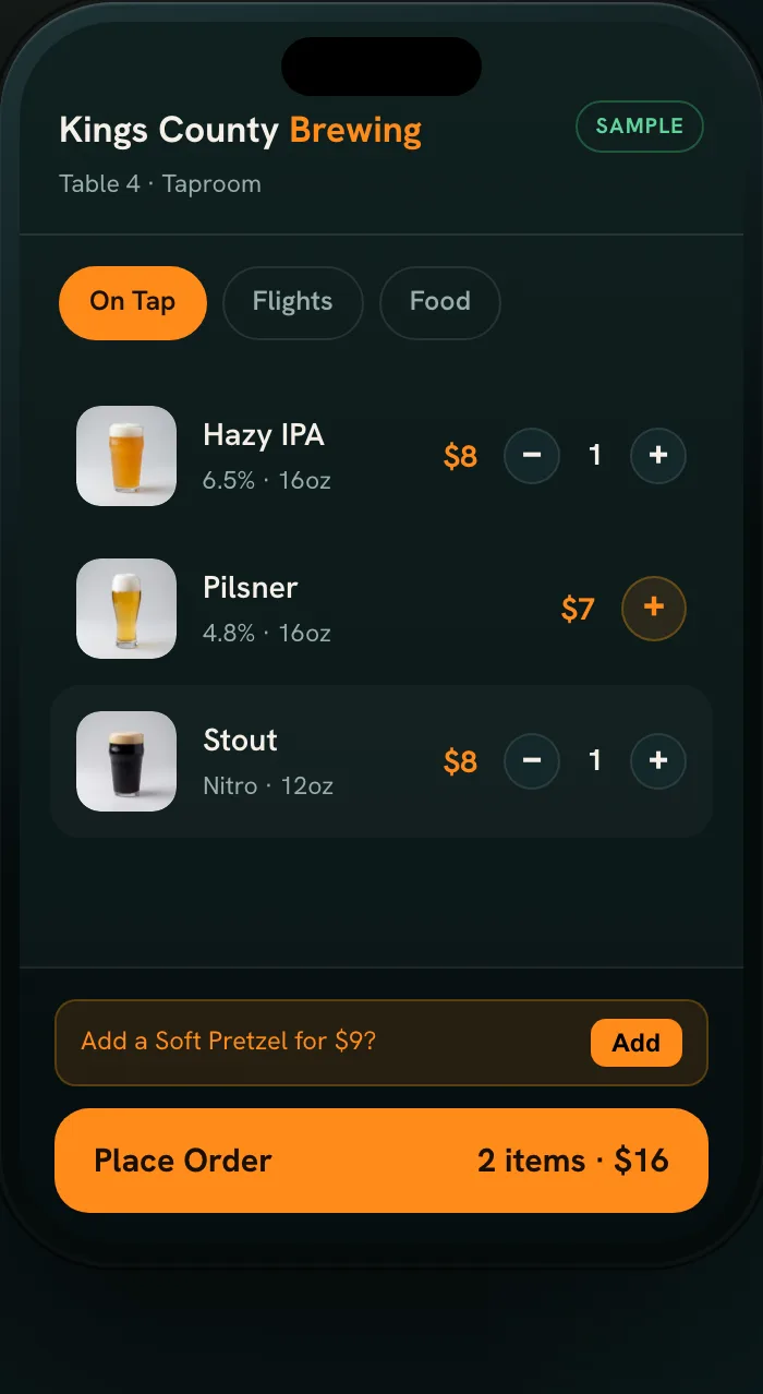 Sample taproom menu in the Tap2Order demo, open in a phone browser with two items in the order