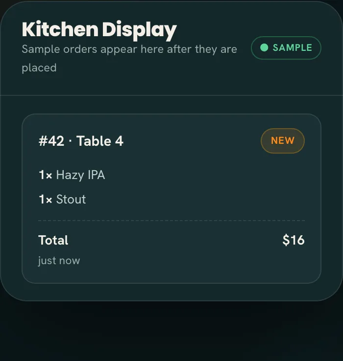 Sample order from a taproom table arriving on the Tap2Order kitchen display in the demo
