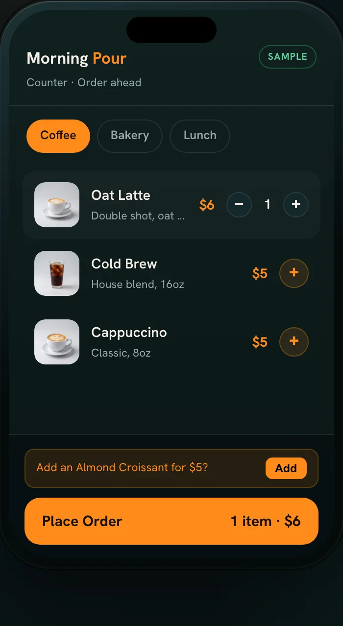 Sample café order being customized in the Tap2Order demo on a phone