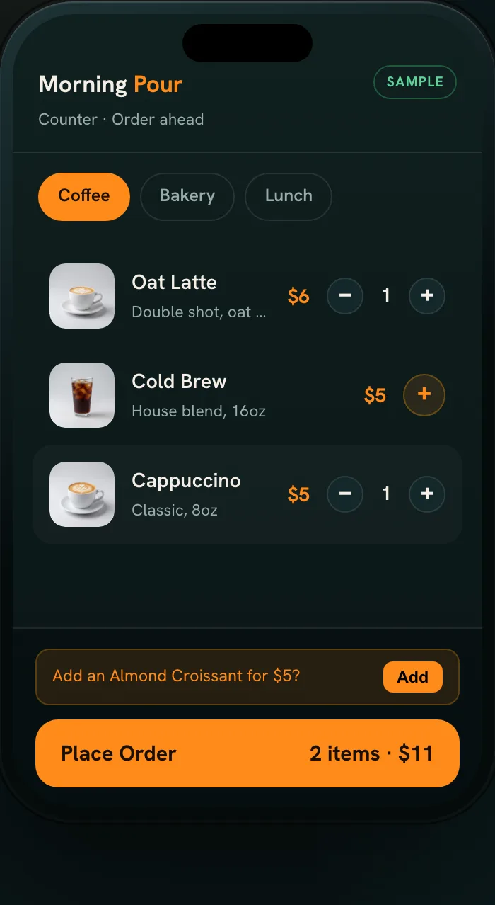 Sample café menu in the Tap2Order demo, open in a phone browser with two items in the order