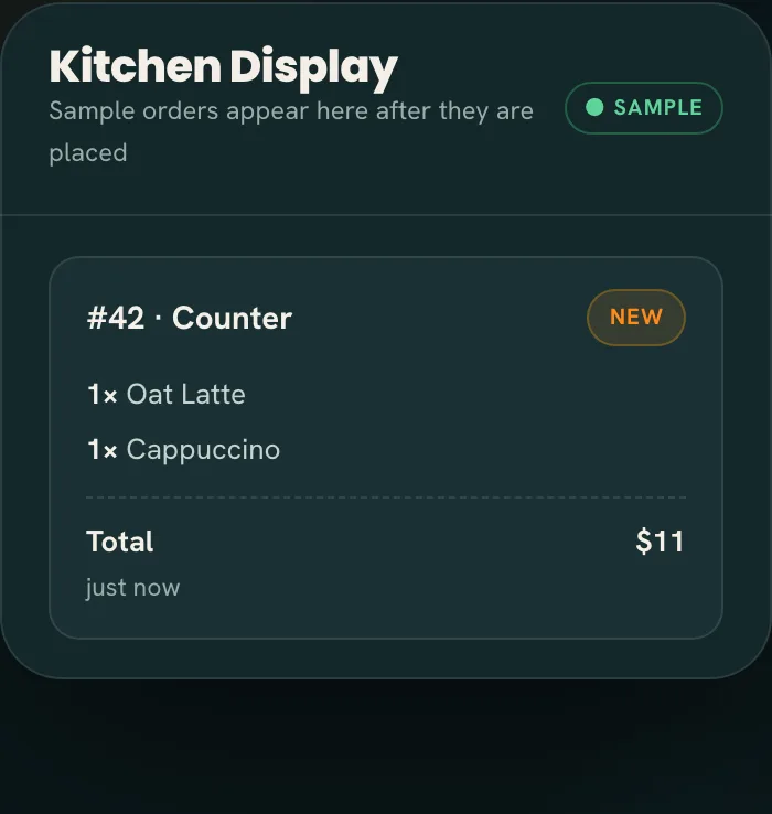 Sample order from a café table arriving on the Tap2Order kitchen display in the demo
