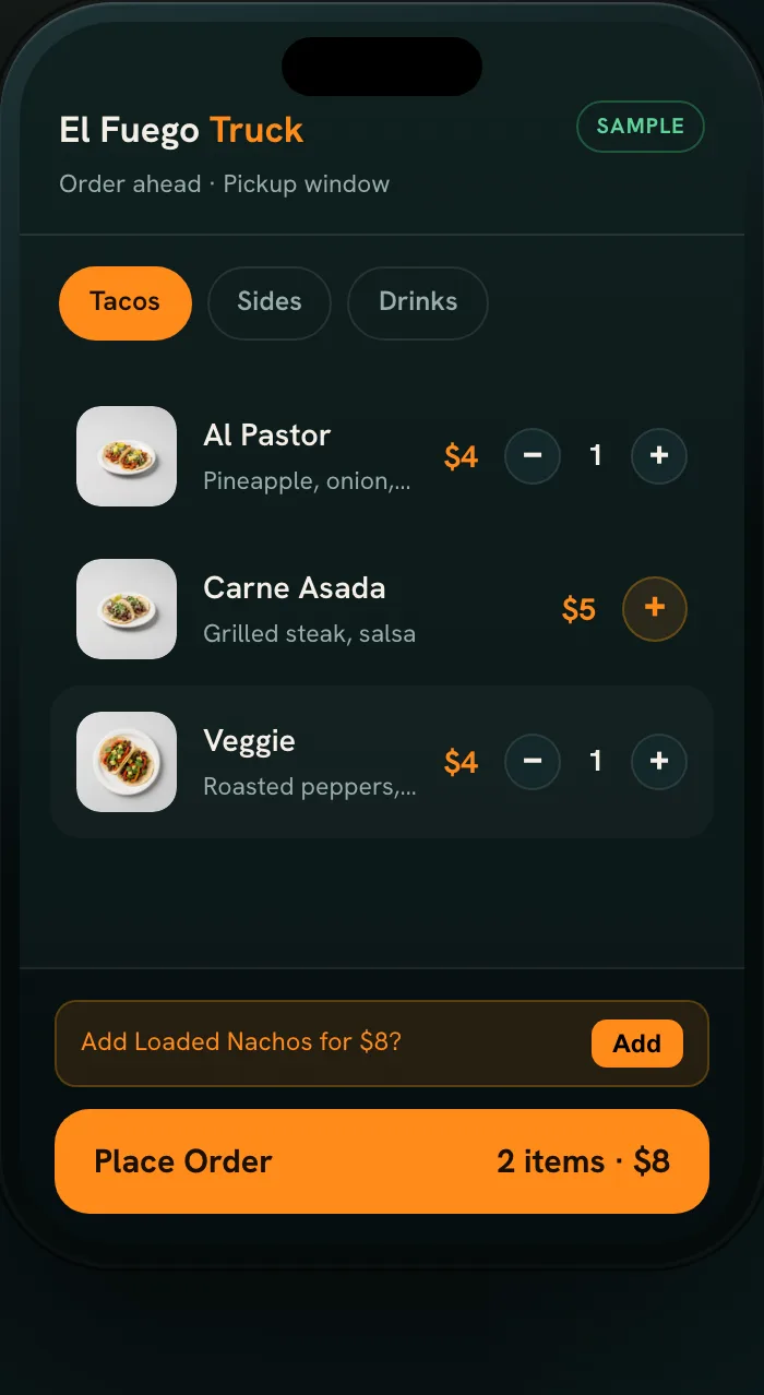 Sample food truck menu in the Tap2Order demo, open in a phone browser with two items in the order