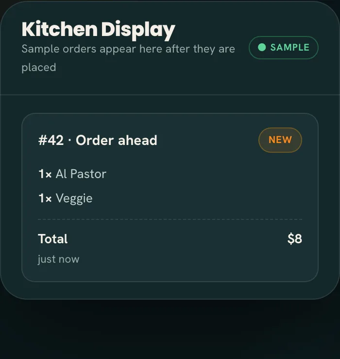 Sample order from a food truck table arriving on the Tap2Order kitchen display in the demo