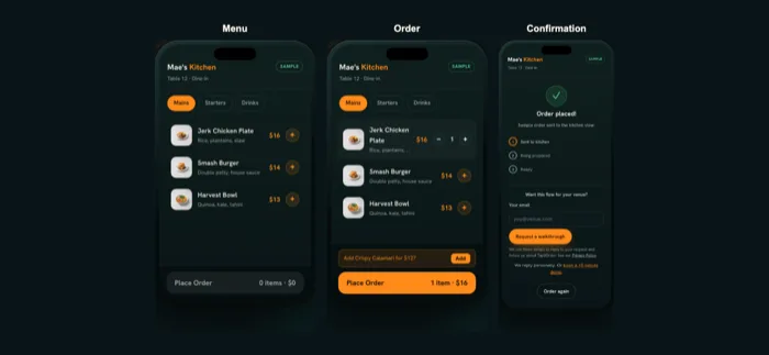 Three sample screens from the Tap2Order demo: the menu, the order and the confirmation