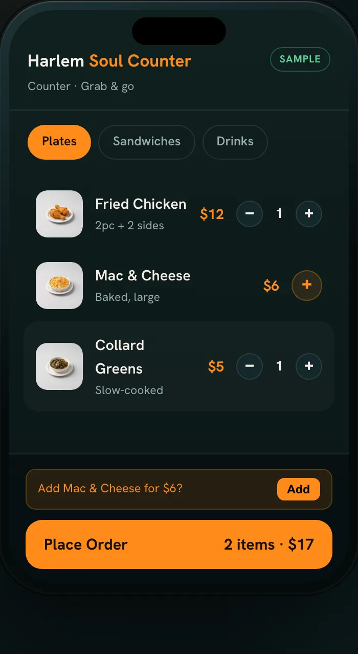Sample quick-service menu in the Tap2Order demo, open in a phone browser with two items in the order