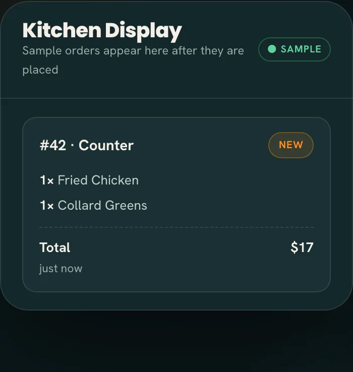 Sample order from a quick-service table arriving on the Tap2Order kitchen display in the demo