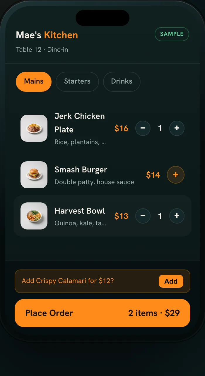 Sample restaurant menu in the Tap2Order demo, open in a phone browser with two items in the order