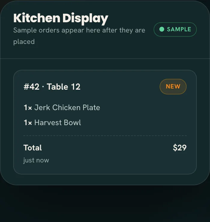 Sample order from a restaurant table arriving on the Tap2Order kitchen display in the demo